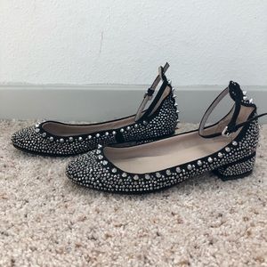 • Zara Black Suede Silver Stud Ankle Strap Flats •